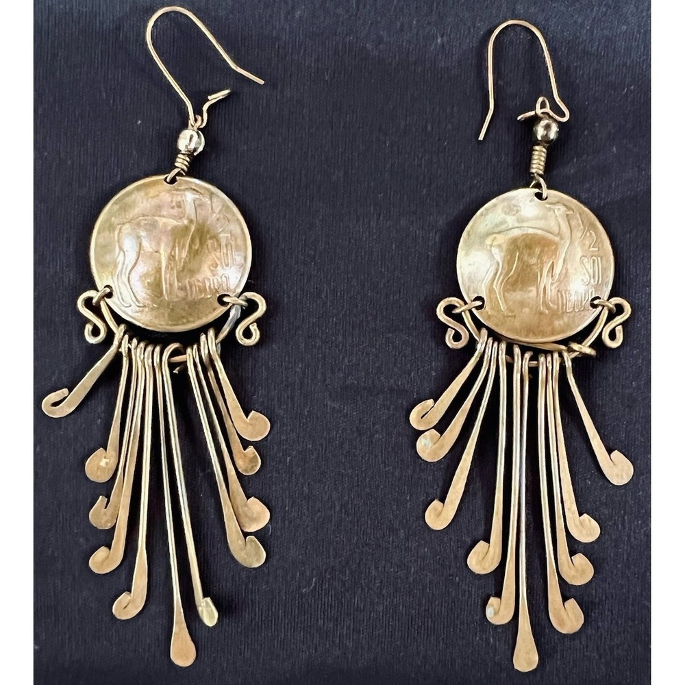 Vintage Peruvian Coin Brass Dangle Earrings  Alpaca